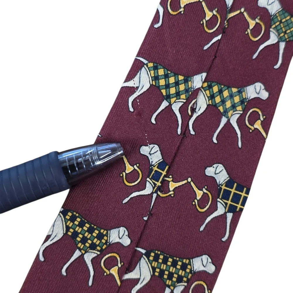 Vtg 90s Tommy Hilfiger Silk Tie Burgundy Hunting Dog Equestrian Crest USA Made